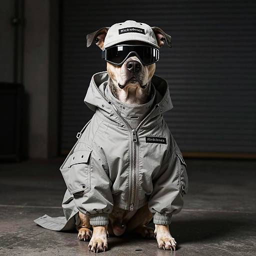 Photograph of a brown and black dog wearing a white baseball cap, black sunglasses, and a gray oversized jacket, sitting on a dark concrete floor in