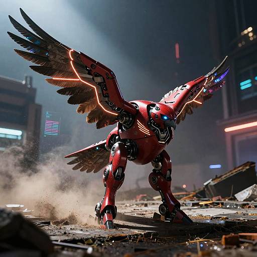Crimson Robotic Falcon in Neon Cybercity
