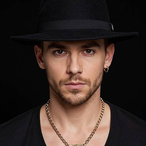 Photograph of a bearded man with fair skin, brown eyes, and a black hat, wearing a gold chain and black shirt, against a black