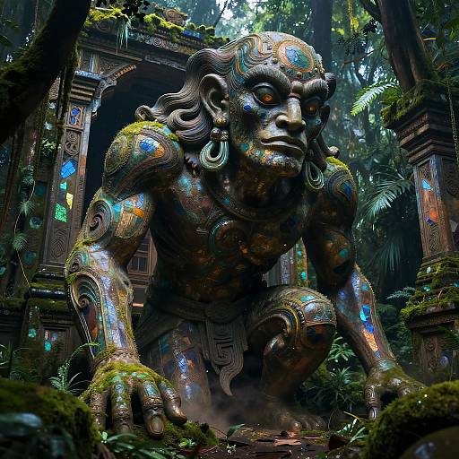 Photorealistic CGI of a moss-covered, ornately decorated, giant stone monkey statue with glowing blue and orange symbols, crouching in a dense