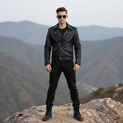 Photograph of a man with short dark hair, wearing black leather jacket, pants, boots, and sunglasses, standing on a rocky mountain peak with blurred