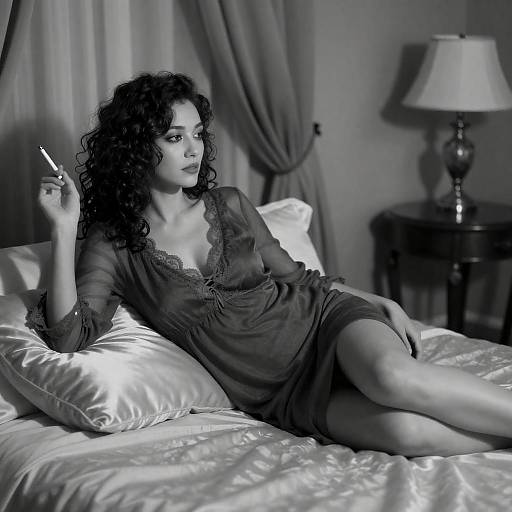 Woman Reclining on Bed Smoking Cigarette