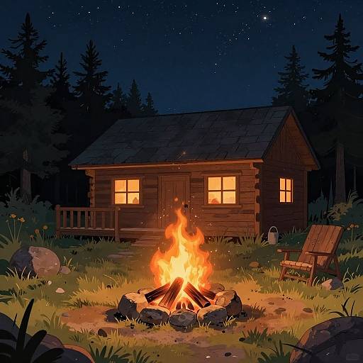 Night Campfire by Wooden Cabin