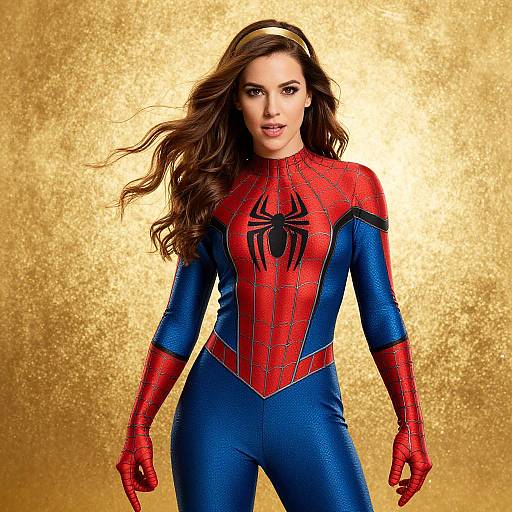 Photograph of a woman with long brown hair in a red and blue Spider-Man suit, standing against a golden textured background.