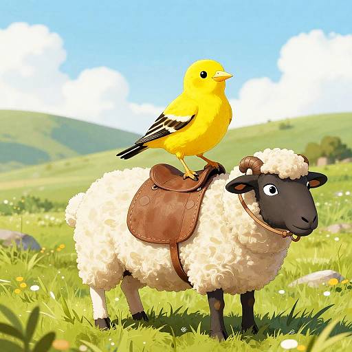 Funny Canary Riding Sheep Scene