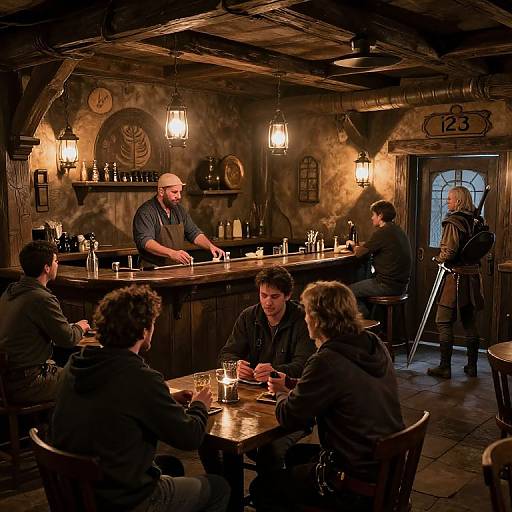 Dimly Lit Tavern with Argonian Barkeeper