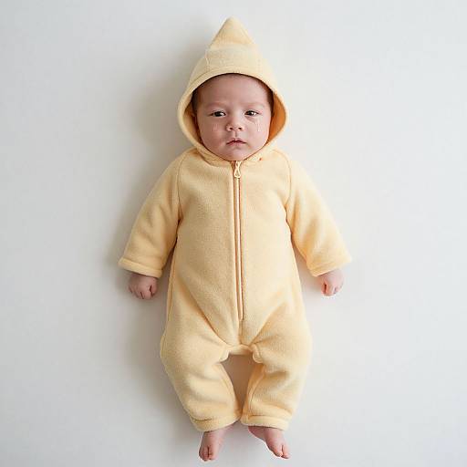 Photograph of a baby with light skin, wearing a yellow hooded onesie, standing against a plain white background. The baby looks directly at the