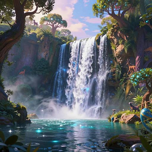 Digital fantasy painting of a lush, vibrant waterfall with cascading water, surrounded by glowing blue orbs, exotic plants, and mythical creatures.