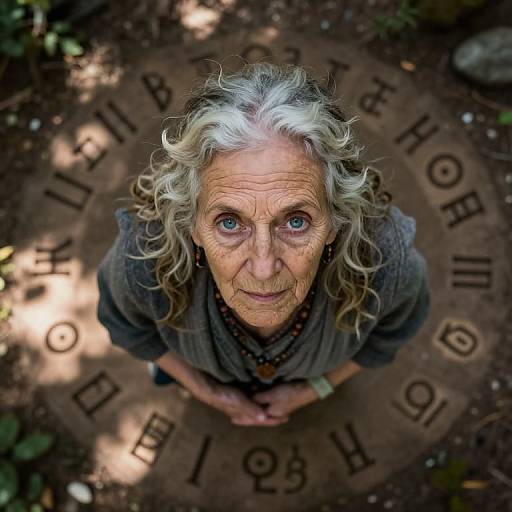 Photograph of an elderly woman with curly white hair, blue eyes, and wrinkled skin, looking up at the camera from a circular engraved stone path