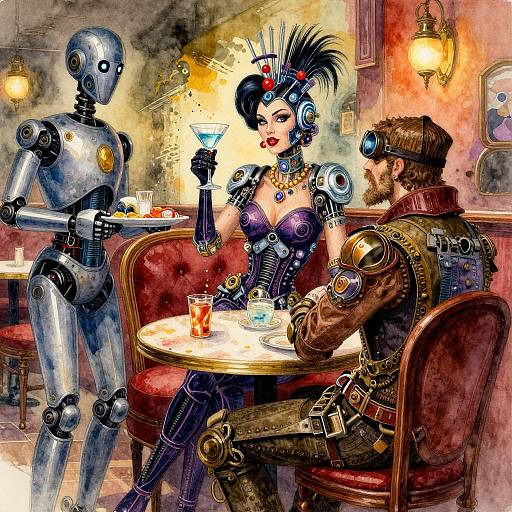 Digital art: Steampunk scene with a woman in a purple corset and headdress, a man in goggles, and a robot at a red