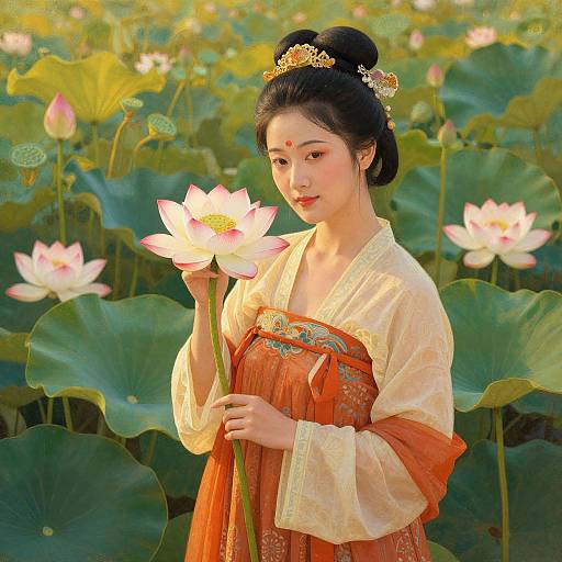 Asian woman with black hair in bun, wearing ornate kimono, holding pink lotus flower, standing in lush lotus pond. Digital art.