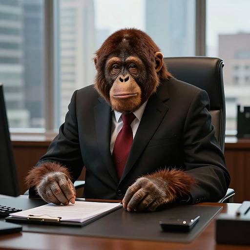Photograph of an anthropomorphic chimpanzee in a black suit and red tie, sitting at a desk, writing with a pen in an office with large