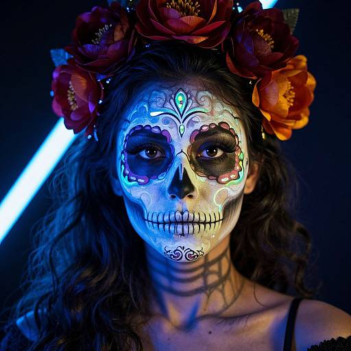 Photograph of a woman with Day of the Dead face paint, blue and white skull design, black hair, orange flower crown, black strap top,