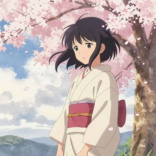 Sad Anime Girl Under Cherry Blossoms