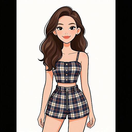 Digital anime-style drawing of a smiling woman with long brown hair, wearing a plaid crop top and high-waisted shorts, standing against a white