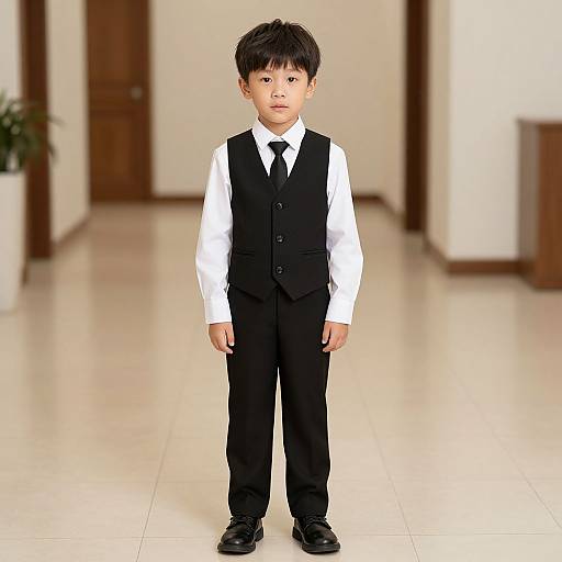 Photograph of a young Asian boy with black hair, wearing a white shirt, black vest, tie, and pants, standing in a bright, empty