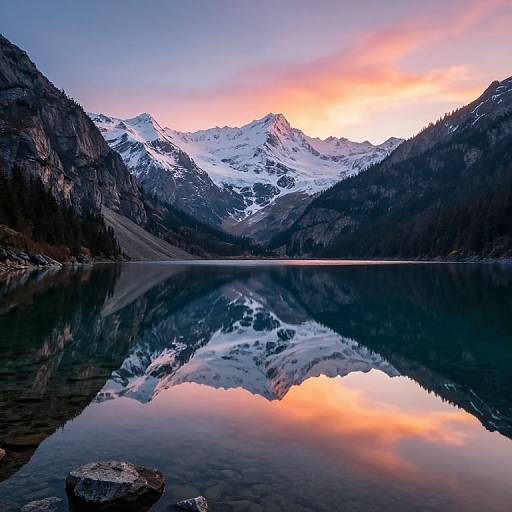 Photograph of a serene mountain lake at sunset, reflecting snow-capped peaks and vibrant pink and orange sky, surrounded by dark forested hills.