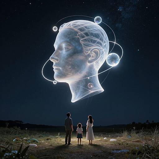 Photograph of glowing, ethereal, holographic human head in night sky, with silhouetted family of three standing below, surrounded by stars