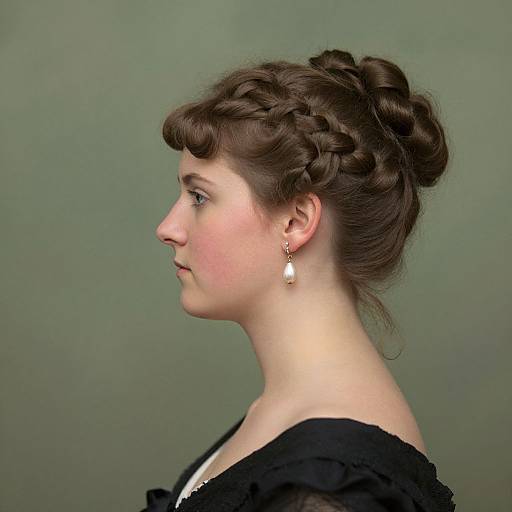Photograph of a fair-skinned woman in profile, Victorian-style updo with braided crown, wearing black dress and gold earrings, against green background