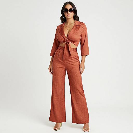 Photograph of a woman with dark hair and sunglasses, wearing a rust-colored wrap blouse and matching wide-legged pants, accessorized with necklaces, against