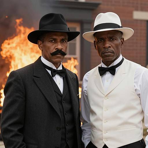 1920s Men Amidst a Fiery Background