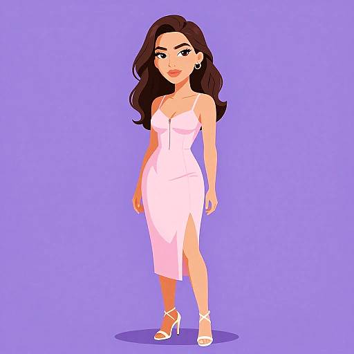 Digital illustration of a confident woman with long brown hair, wearing a white, strapless, form-fitting dress and white high heels, standing against a