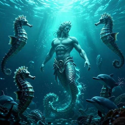 Digital artwork of a muscular merman with a lion-like mane, surrounded by seahorses and dolphins in a glowing blue underwater scene.