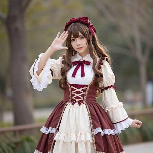 Photograph of a young woman in a maroon and white gothic lolita dress with lace, ribbons, and curly brown hair, saluting