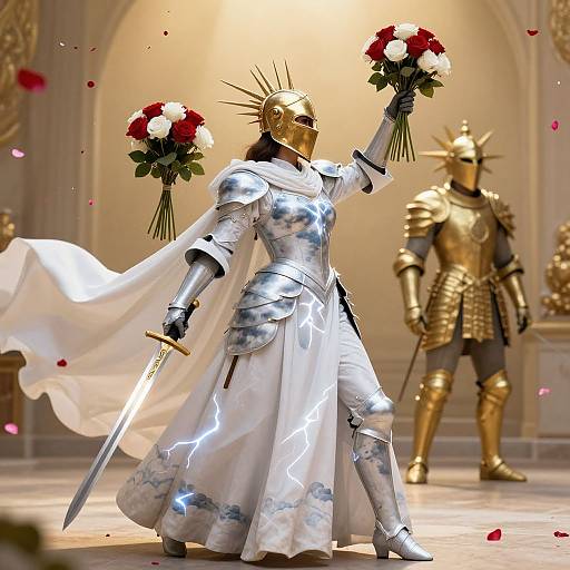Digital artwork of a knight in silver armor with a white, flowing dress, holding red and white roses, standing in a grand hall with two golden-arm