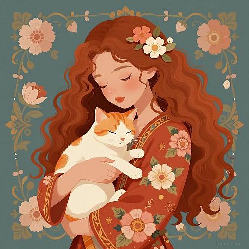 Serene Woman with Cat Digital Illustration