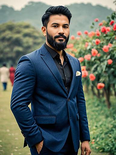 Photograph of a bearded Indian man with dark hair, wearing a navy suit, black shirt, and white pocket square, standing in a rose garden