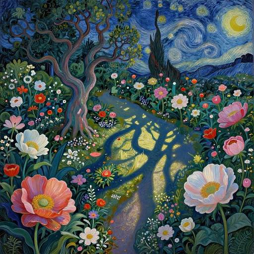 Vibrant, detailed digital painting of a moonlit garden with swirling night sky, twisted tree, colorful flowers, and a glowing path.