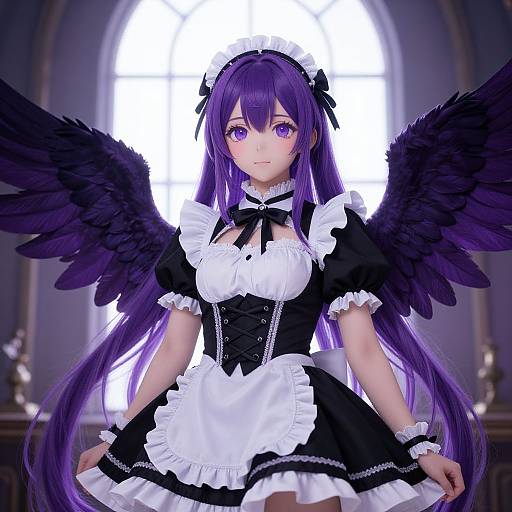 Anime-style digital illustration of a purple-haired, purple-eyed maid with black angel wings, wearing a traditional black and white frilled maid outfit, standing in