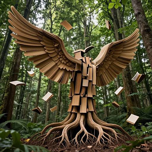 Photograph of a wooden, tree-rooted sculpture with wings in a forest, surrounded by green foliage and floating paper notes.