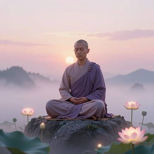 Photograph of a serene bald monk in purple robes meditating on a rock, surrounded by glowing lotus flowers and mist at dawn.