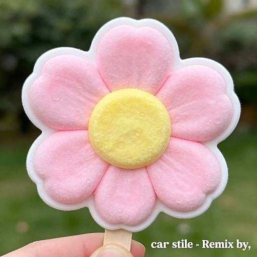 Photograph of a pastel pink and yellow marshmallow flower lollipop with white edges, held by a hand, against a blurred green garden background.