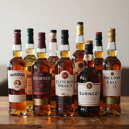 Vibrant Whiskey Bottles on Wood