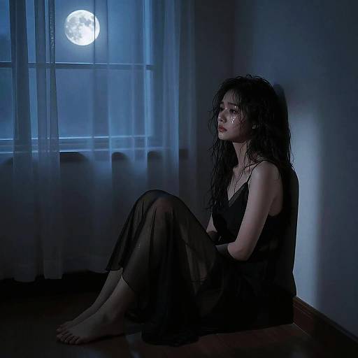 Sad Woman Sitting on Floor by Window at Night