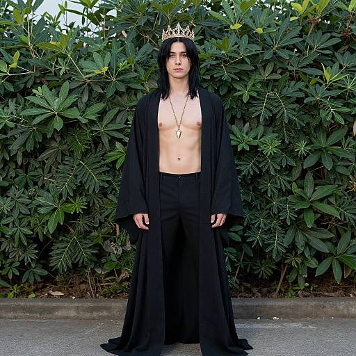Photograph of a pale-skinned, black-haired person with a slim physique, small breasts, wearing a crown, black robe, and pants, standing