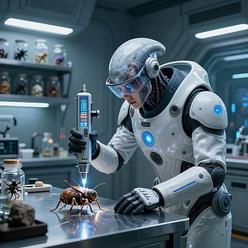 Sci-fi photograph of a humanoid robot with glowing blue accents, examining an insect in a futuristic lab with jars of specimens.