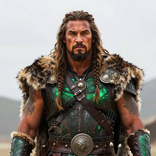Photograph of a muscular, bearded man with long braids, wearing green metallic armor with fur shoulder guards, standing outdoors.
