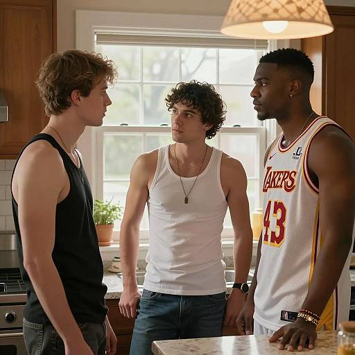 Three Men in a Sunlit Kitchen Scene
