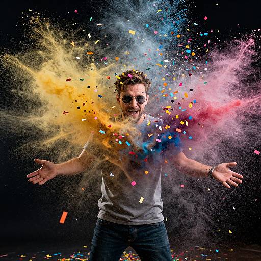 Man with Exploding Colorful Confetti
