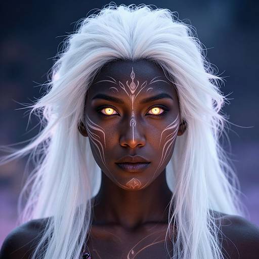 Digital artwork of a dark-skinned, glowing-eyed woman with long white hair, intricate white facial markings, and intense gaze against a blurred blue-purple background