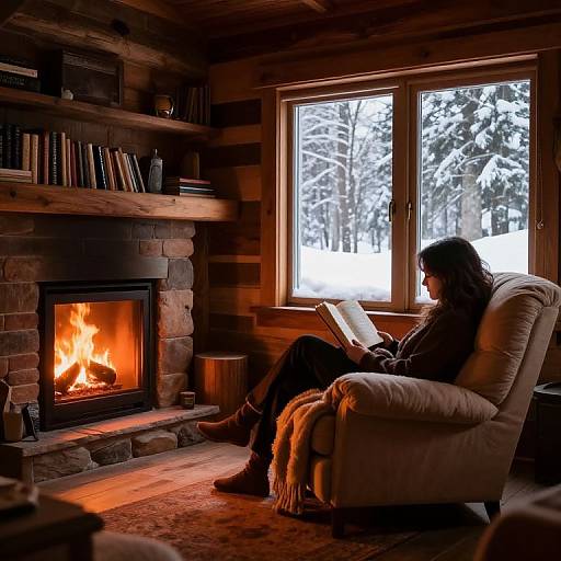 Photograph of a woman with long hair, reading by a roaring fireplace in a wooden cabin, with snowy forest view through large window.