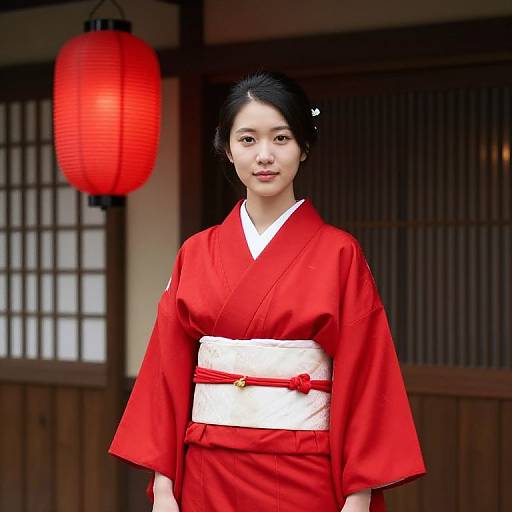 Photograph of a young Asian woman in a vibrant red kimono with white obi, standing in front of a traditional wooden building with a red paper