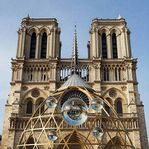 Photograph of Notre-Dame Cathedral with two towering, ornate Gothic towers in the background, and a modern, gold geometric sculpture with glass spheres in