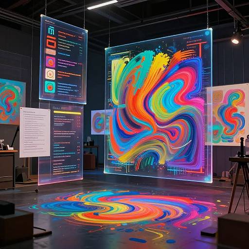 Vibrant digital art exhibition featuring neon, swirl-patterned holographic displays with colorful, abstract designs and illuminated floor projections in a dark, industrial space