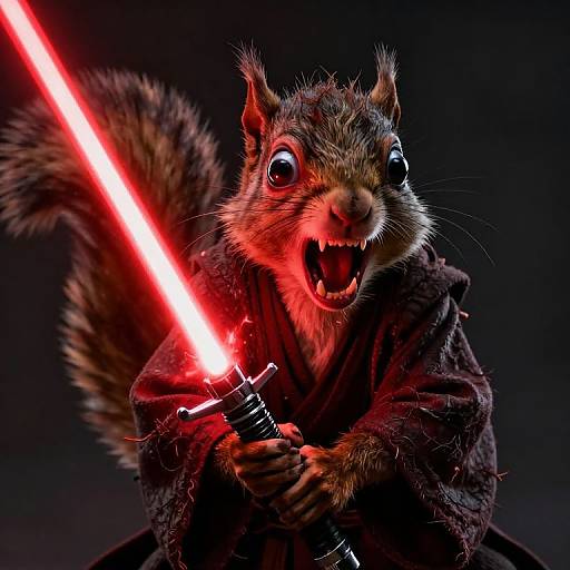 Photorealistic CGI of a fierce squirrel wielding a glowing red lightsaber, dressed in a dark brown robe, set against a black background.