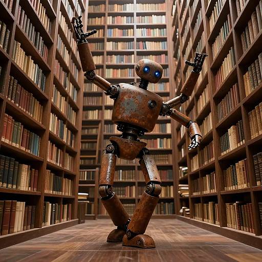 Photorealistic CGI of a rusty, blue-eyed robot with raised arms standing in a narrow, wooden bookshelf-filled library aisle.